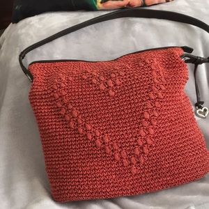 Handwoven Coral Shoulder Bag with Heart Stitch Detail